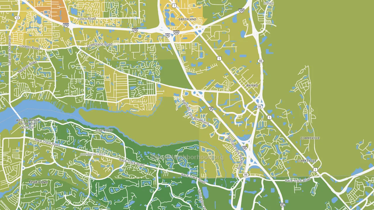 Map of the best neighborhoods in the 32258 area, with better matches in green and worse matches in red
