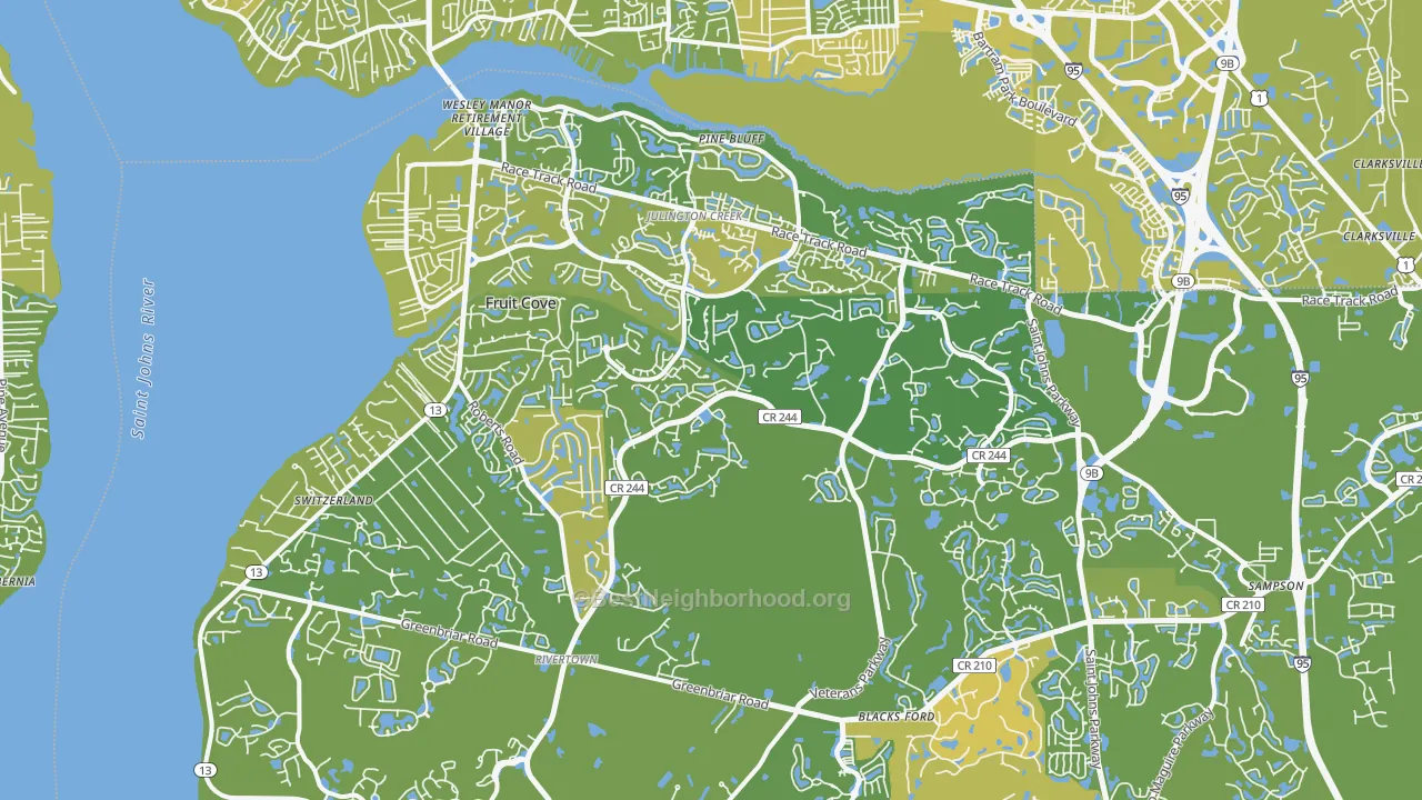 Map of the best neighborhoods in the 32259 area, with better matches in green and worse matches in red