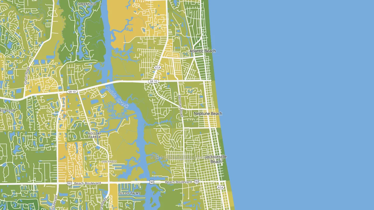 Map of the best neighborhoods in the 32266 area, with better matches in green and worse matches in red