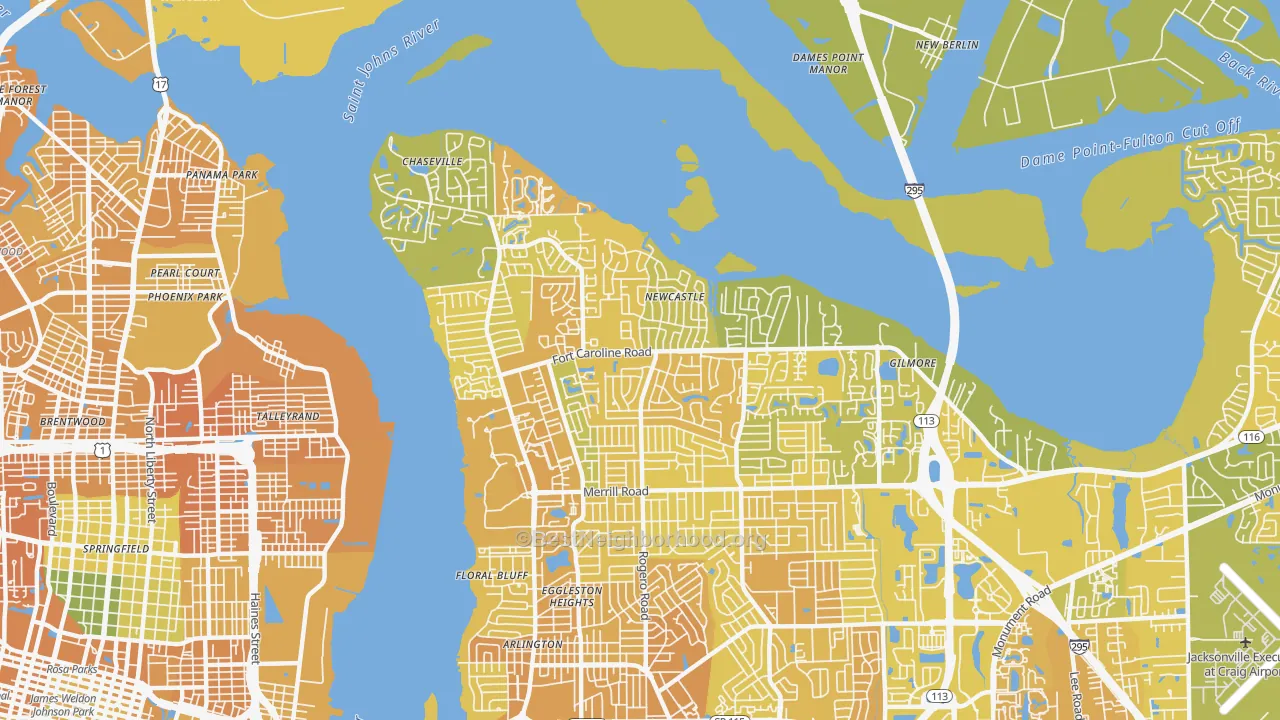 Map of the best neighborhoods in the 32277 area, with better matches in green and worse matches in red