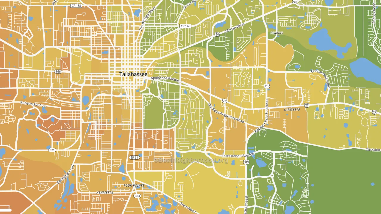 Map of the best neighborhoods in the 32301 area, with better matches in green and worse matches in red