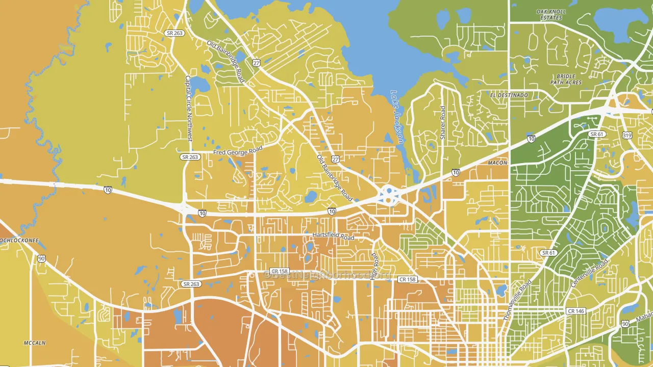 Map of the best neighborhoods in the 32303 area, with better matches in green and worse matches in red
