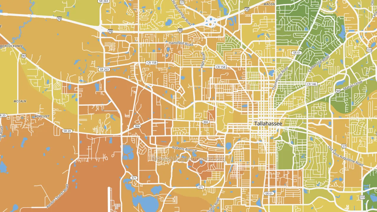 Map of the best neighborhoods in the 32304 area, with better matches in green and worse matches in red