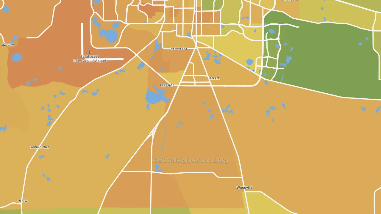 Map of the best neighborhoods in the 32305 area, with better matches in green and worse matches in red