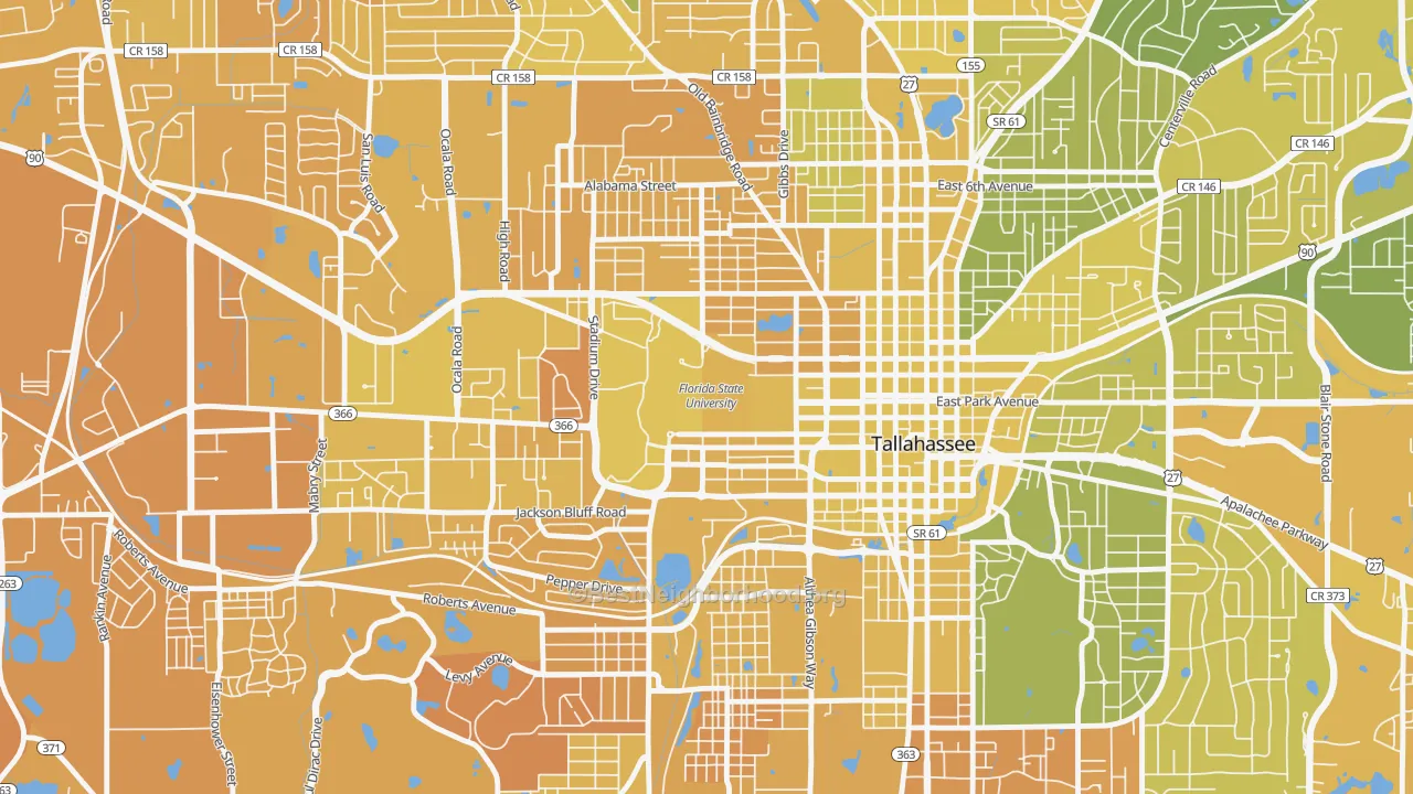 Map of the best neighborhoods in the 32306 area, with better matches in green and worse matches in red