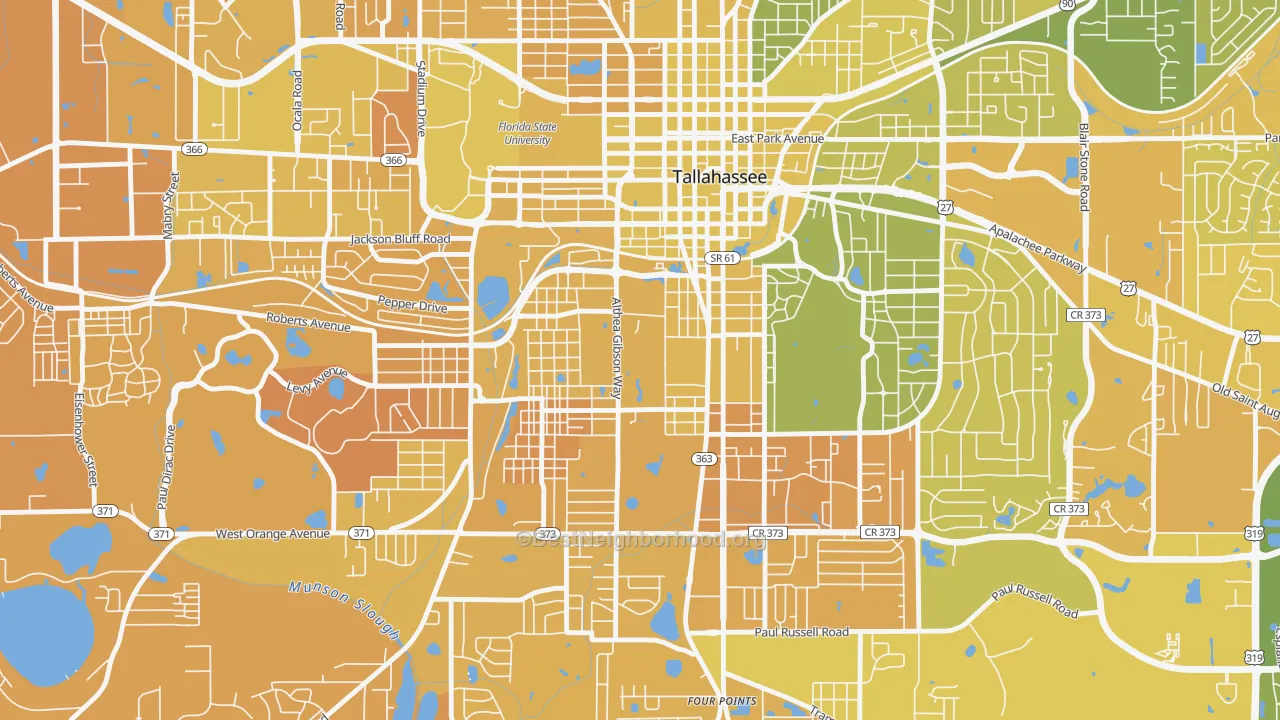 Map of the best neighborhoods in the 32307 area, with better matches in green and worse matches in red
