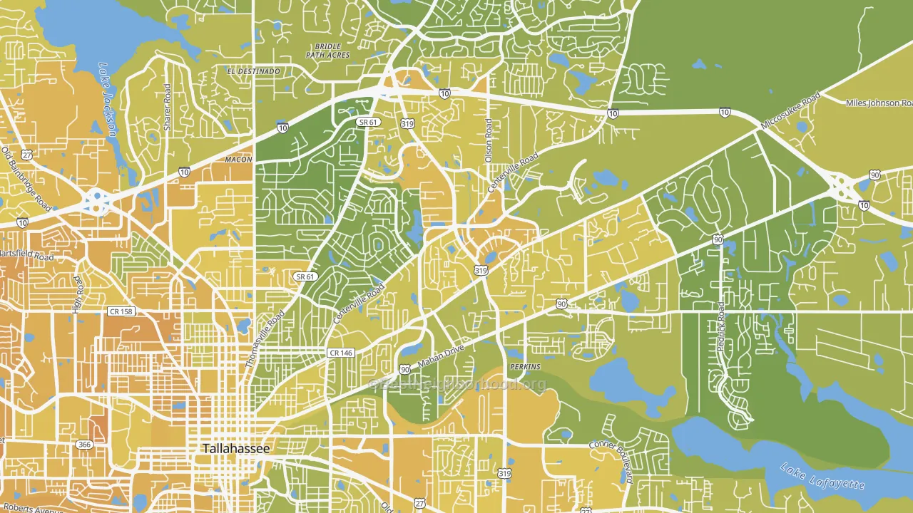 Map of the best neighborhoods in the 32308 area, with better matches in green and worse matches in red