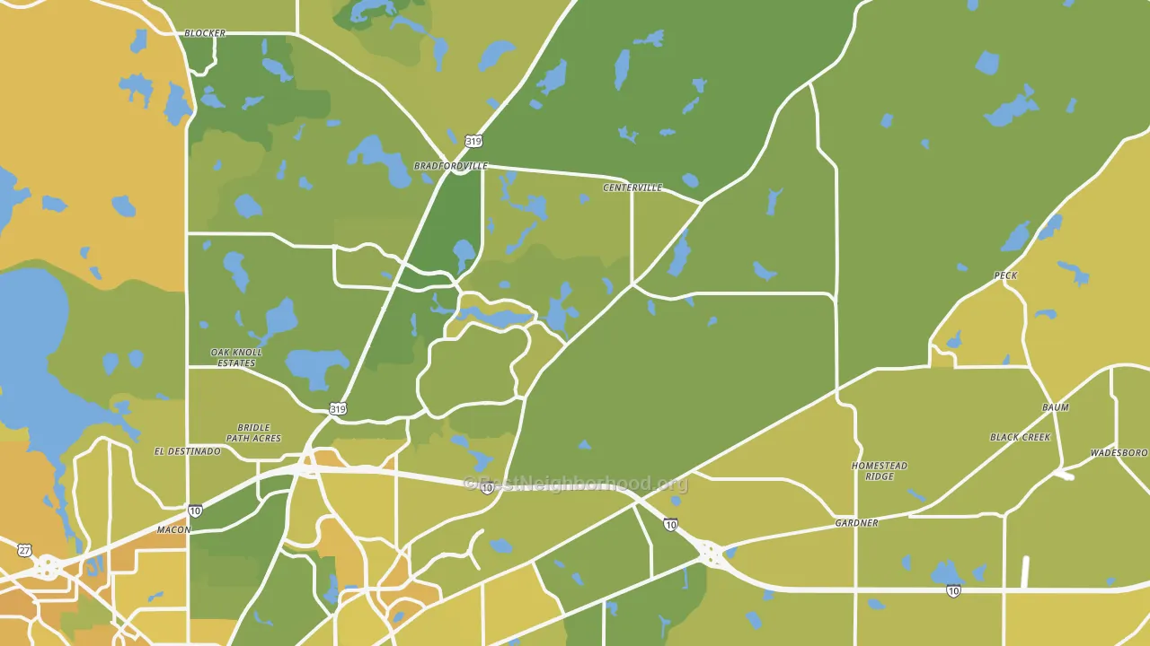 Map of the best neighborhoods in the 32309 area, with better matches in green and worse matches in red