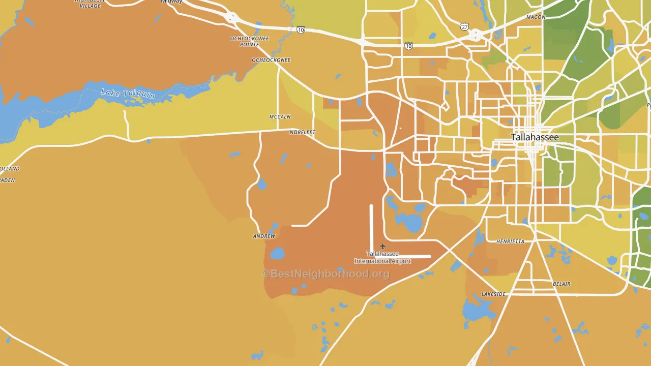 Map of the best neighborhoods in the 32310 area, with better matches in green and worse matches in red