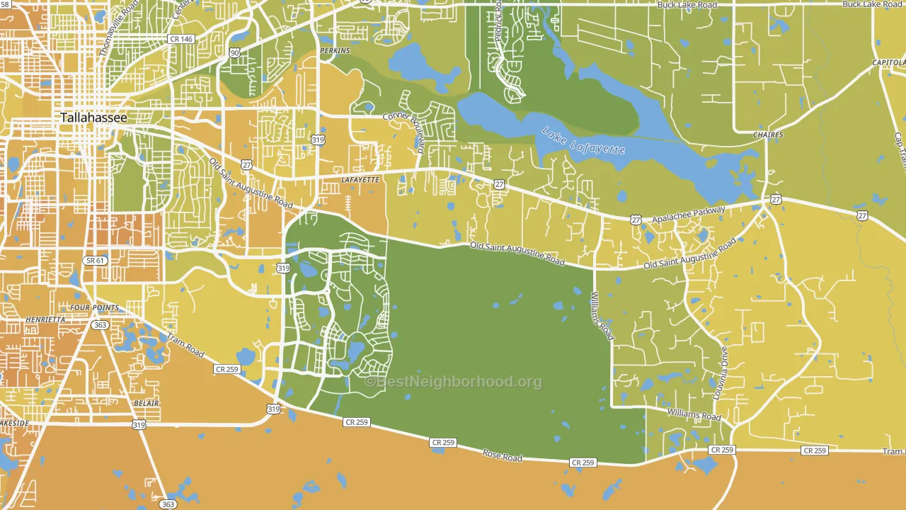 Map of the best neighborhoods in the 32311 area, with better matches in green and worse matches in red