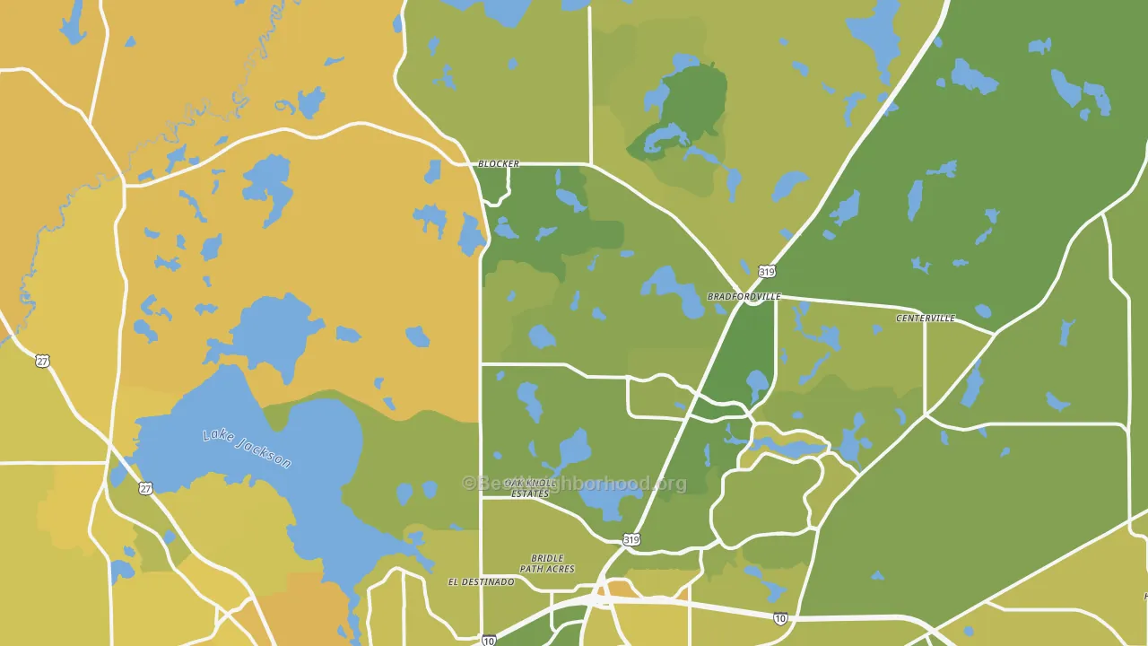 Map of the best neighborhoods in the 32312 area, with better matches in green and worse matches in red