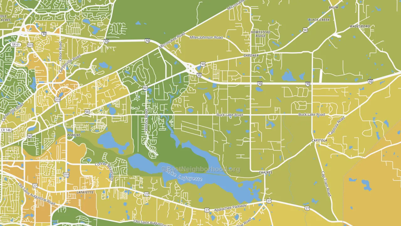 Map of the best neighborhoods in the 32317 area, with better matches in green and worse matches in red