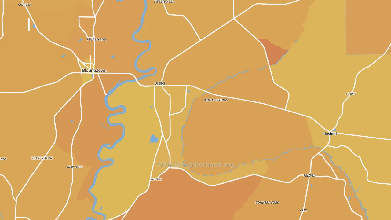 Map of the best neighborhoods in the 32321 area, with better matches in green and worse matches in red