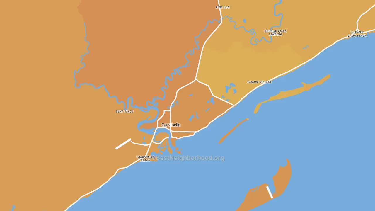 Map of the best neighborhoods in the 32322 area, with better matches in green and worse matches in red