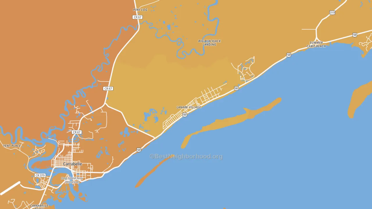 Map of the best neighborhoods in the 32323 area, with better matches in green and worse matches in red
