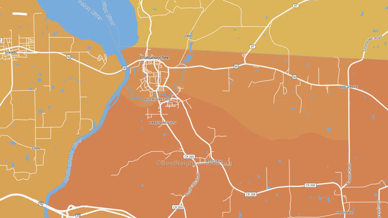 Map of the best neighborhoods in the 32324 area, with better matches in green and worse matches in red