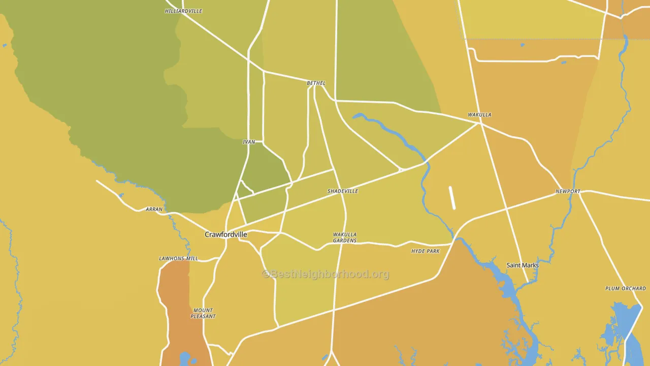 Map of the best neighborhoods in the 32327 area, with better matches in green and worse matches in red