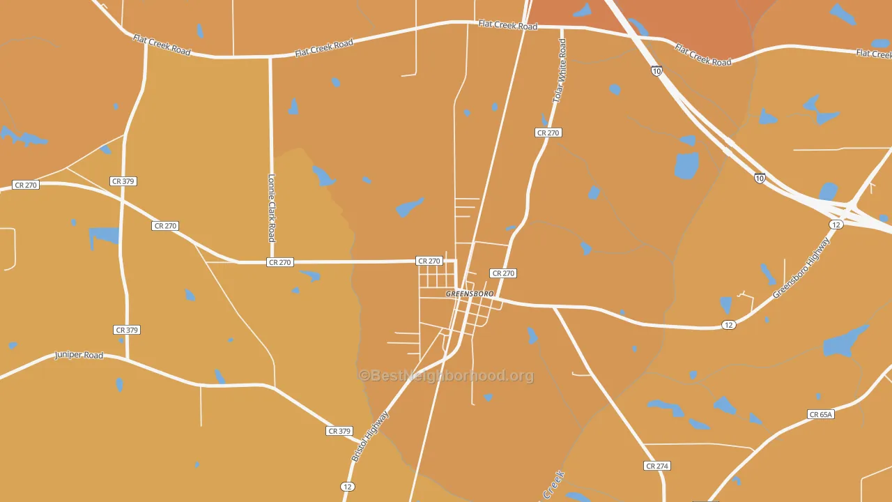 Map of the best neighborhoods in the 32330 area, with better matches in green and worse matches in red