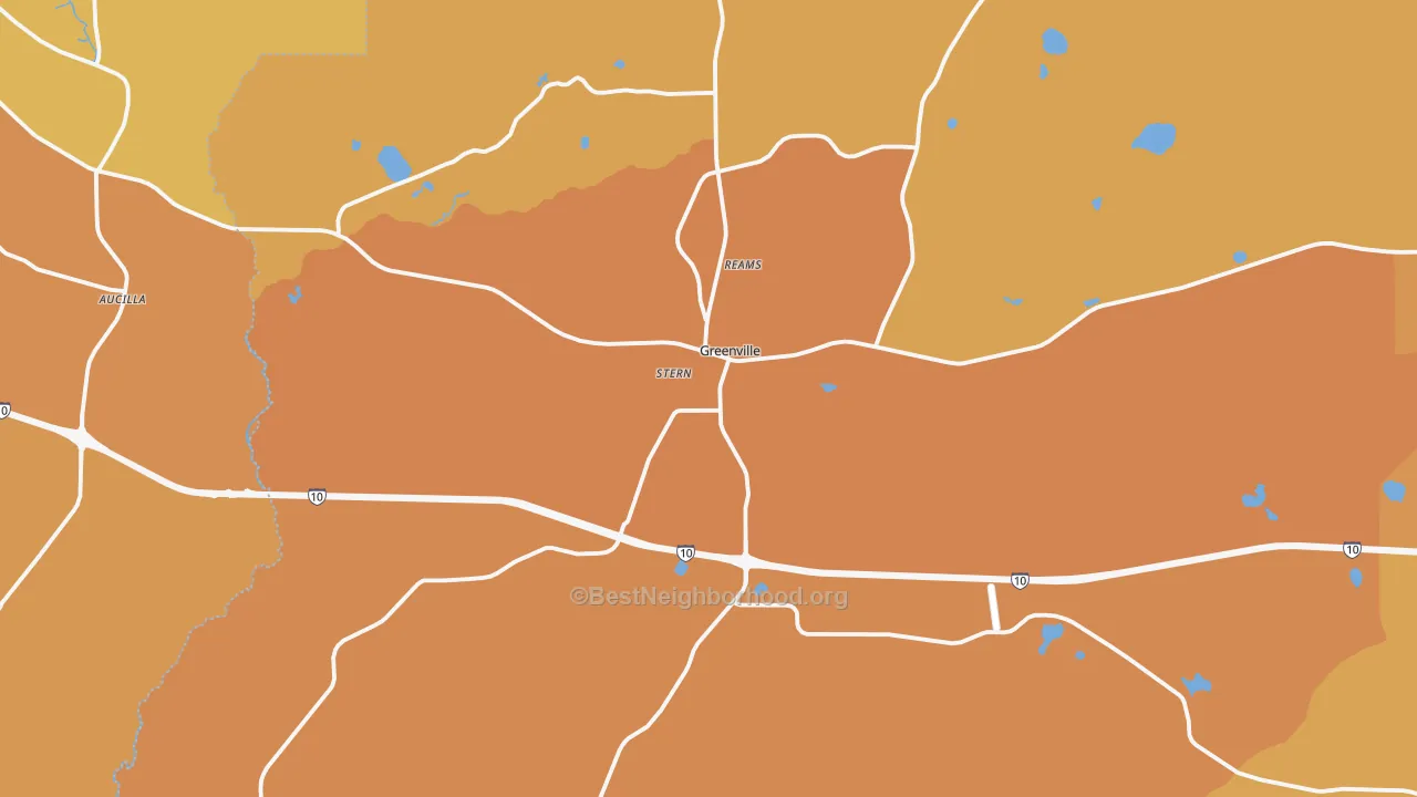 Map of the best neighborhoods in the 32331 area, with better matches in green and worse matches in red