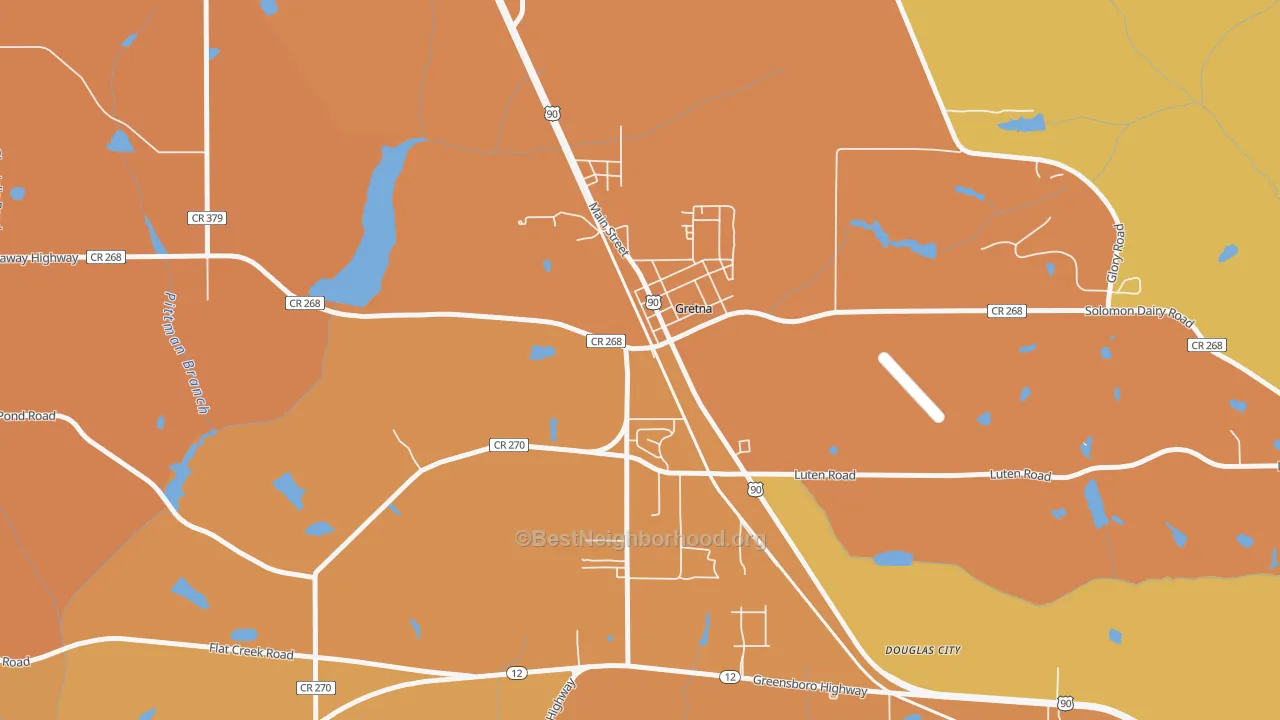 Map of the best neighborhoods in the 32332 area, with better matches in green and worse matches in red