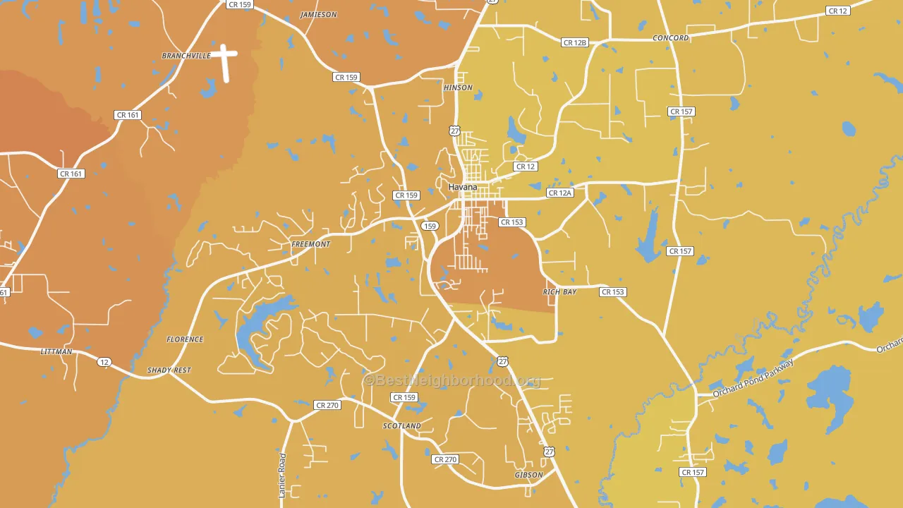 Map of the best neighborhoods in the 32333 area, with better matches in green and worse matches in red