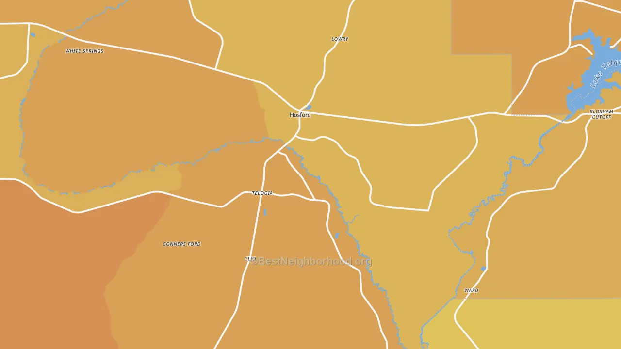 Map of the best neighborhoods in the 32334 area, with better matches in green and worse matches in red