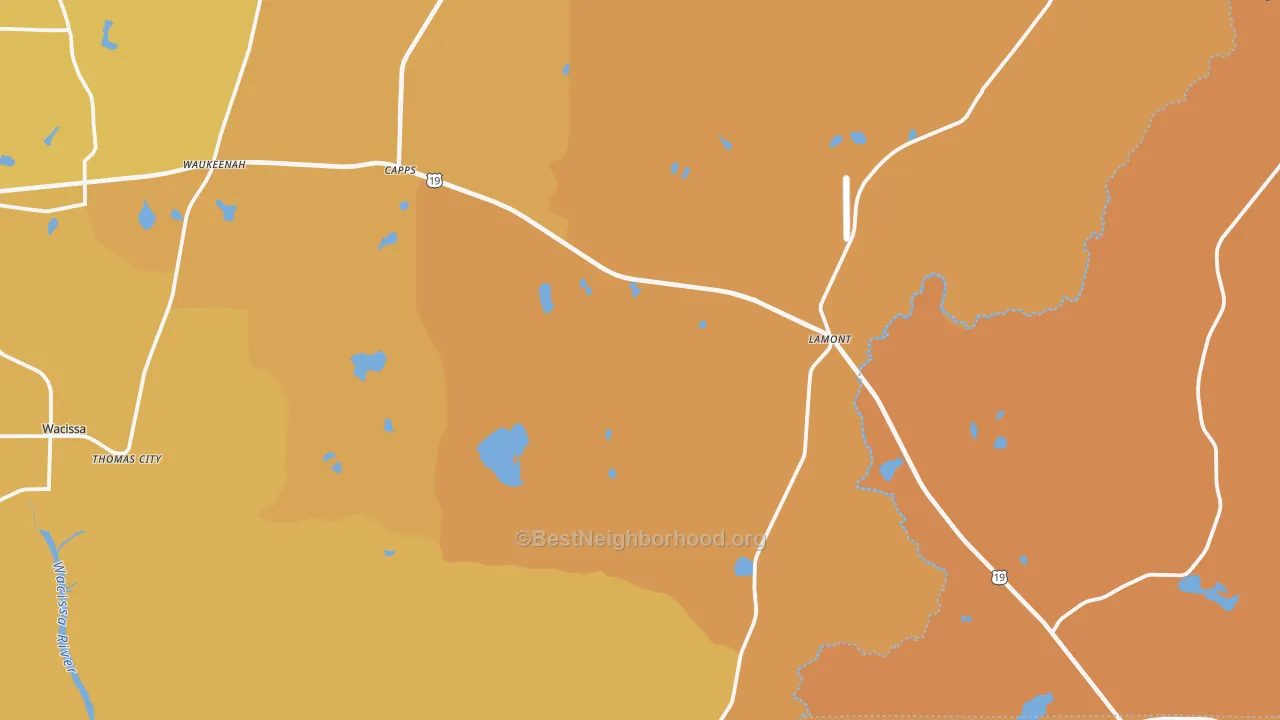 Map of the best neighborhoods in the 32336 area, with better matches in green and worse matches in red