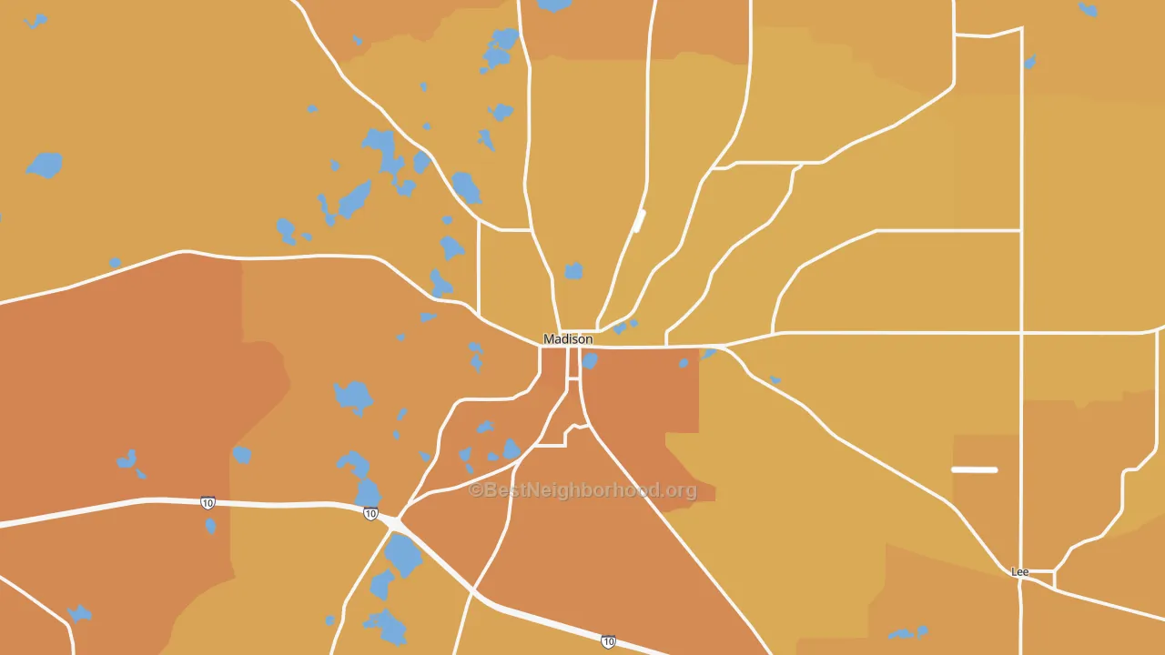 Map of the best neighborhoods in the 32340 area, with better matches in green and worse matches in red