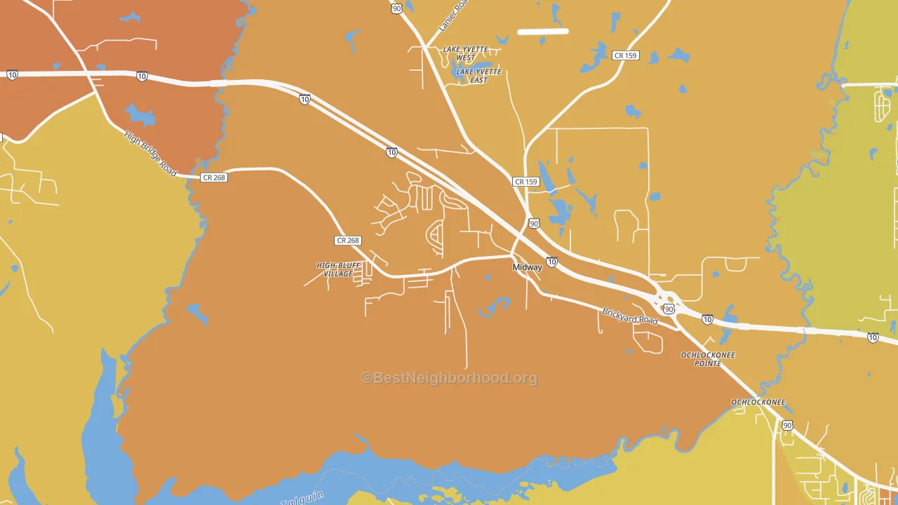 Map of the best neighborhoods in the 32343 area, with better matches in green and worse matches in red