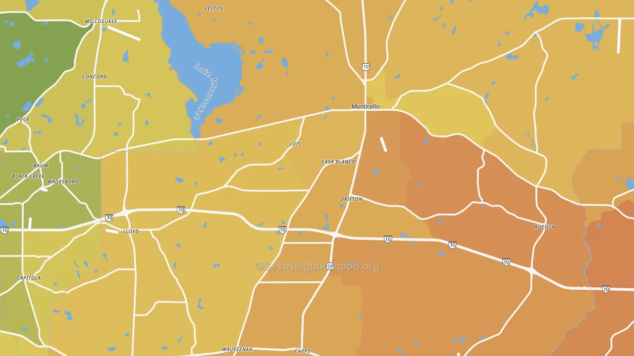 Map of the best neighborhoods in the 32344 area, with better matches in green and worse matches in red