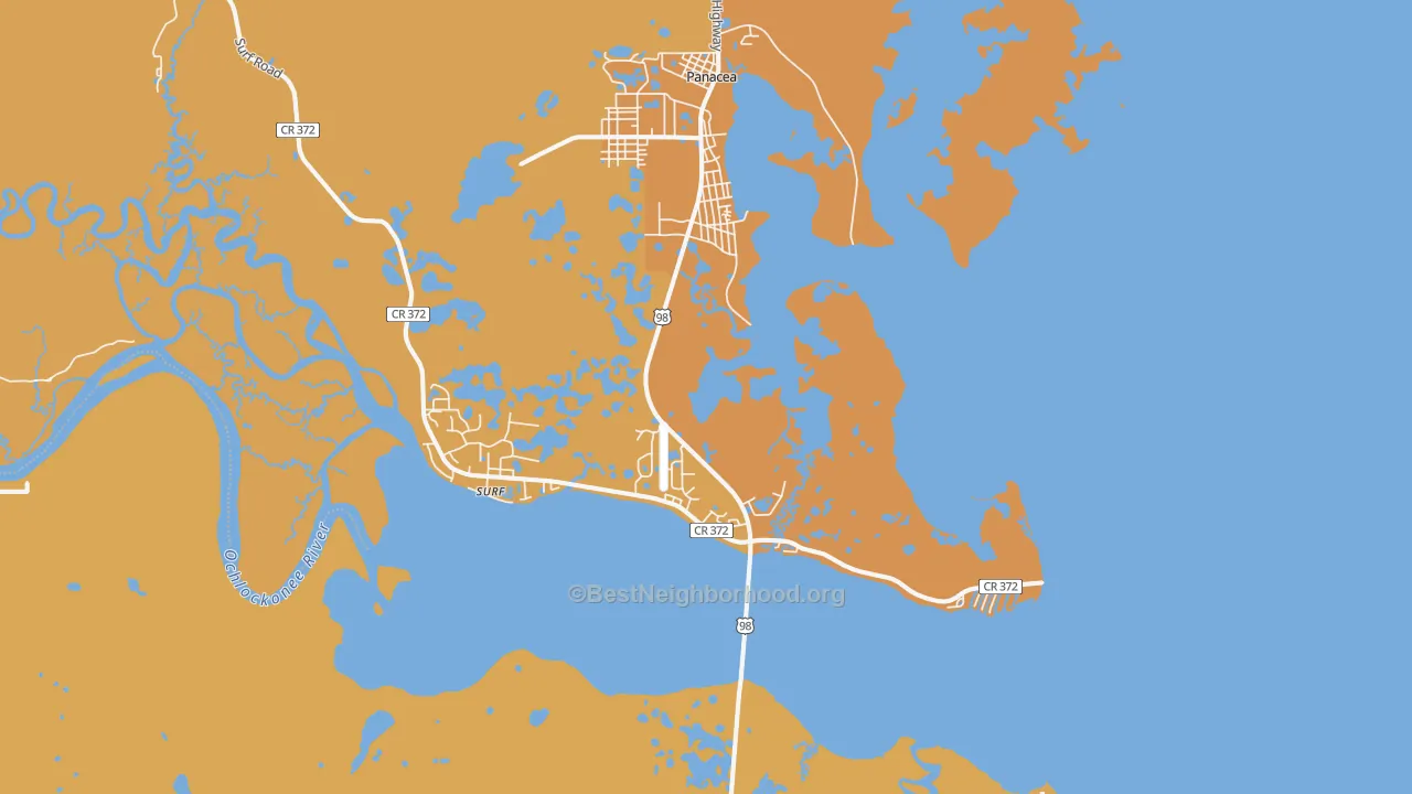 Map of the best neighborhoods in the 32346 area, with better matches in green and worse matches in red