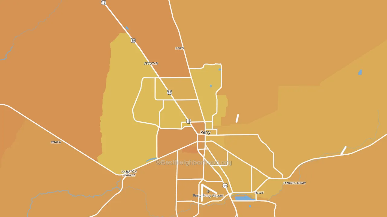 Map of the best neighborhoods in the 32347 area, with better matches in green and worse matches in red