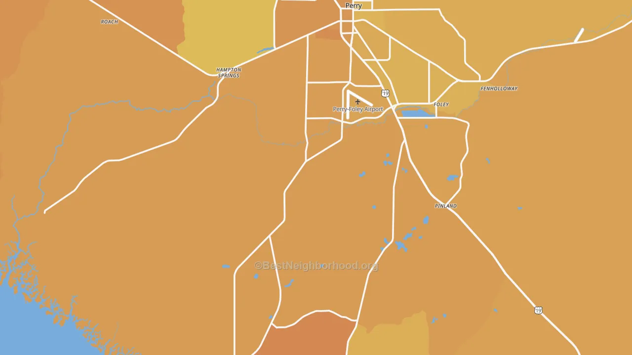 Map of the best neighborhoods in the 32348 area, with better matches in green and worse matches in red