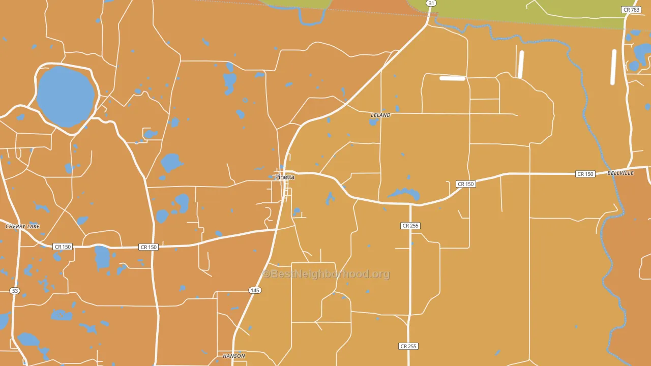 Map of the best neighborhoods in the 32350 area, with better matches in green and worse matches in red