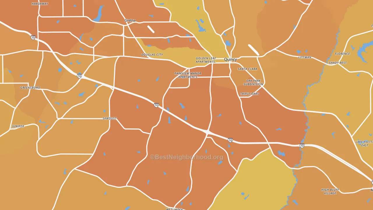 Map of the best neighborhoods in the 32351 area, with better matches in green and worse matches in red