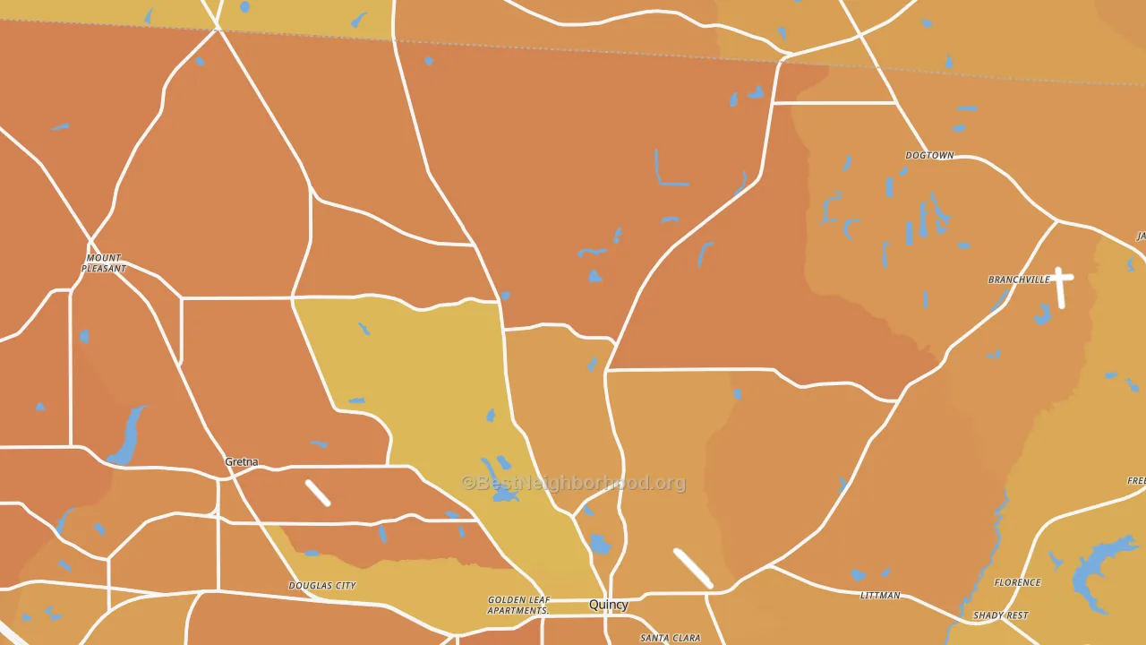 Map of the best neighborhoods in the 32352 area, with better matches in green and worse matches in red