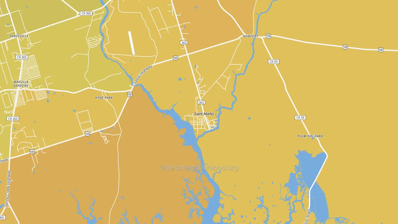 Map of the best neighborhoods in the 32355 area, with better matches in green and worse matches in red