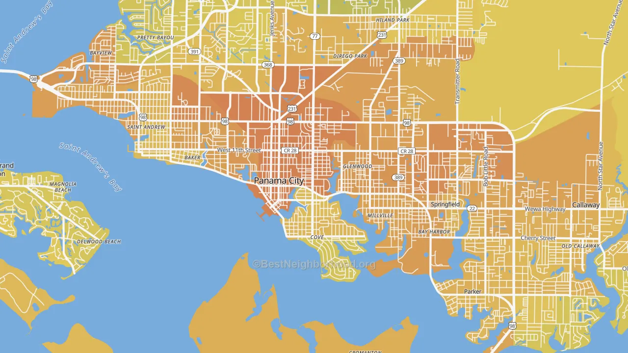 Map of the best neighborhoods in the 32401 area, with better matches in green and worse matches in red