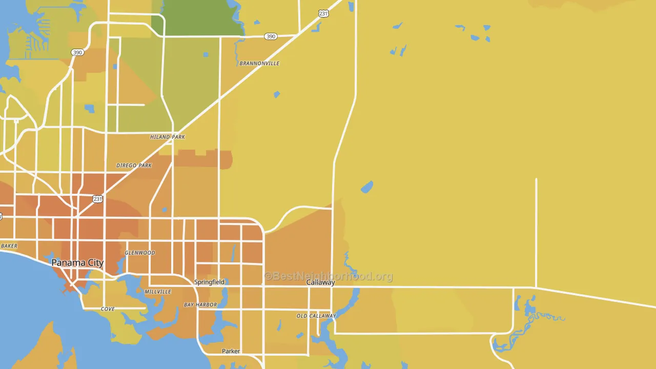 Map of the best neighborhoods in the 32404 area, with better matches in green and worse matches in red