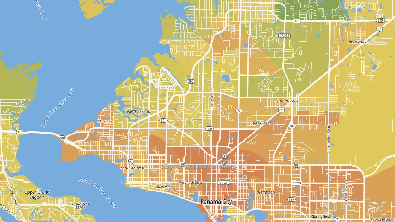 Map of the best neighborhoods in the 32405 area, with better matches in green and worse matches in red