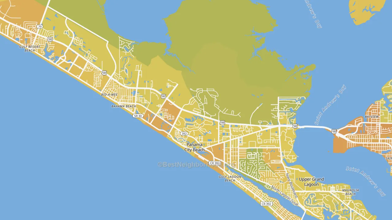 Map of the best neighborhoods in the 32407 area, with better matches in green and worse matches in red