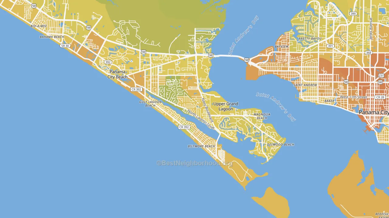Map of the best neighborhoods in the 32408 area, with better matches in green and worse matches in red
