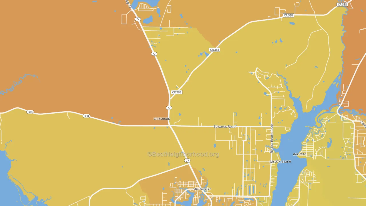 Map of the best neighborhoods in the 32409 area, with better matches in green and worse matches in red