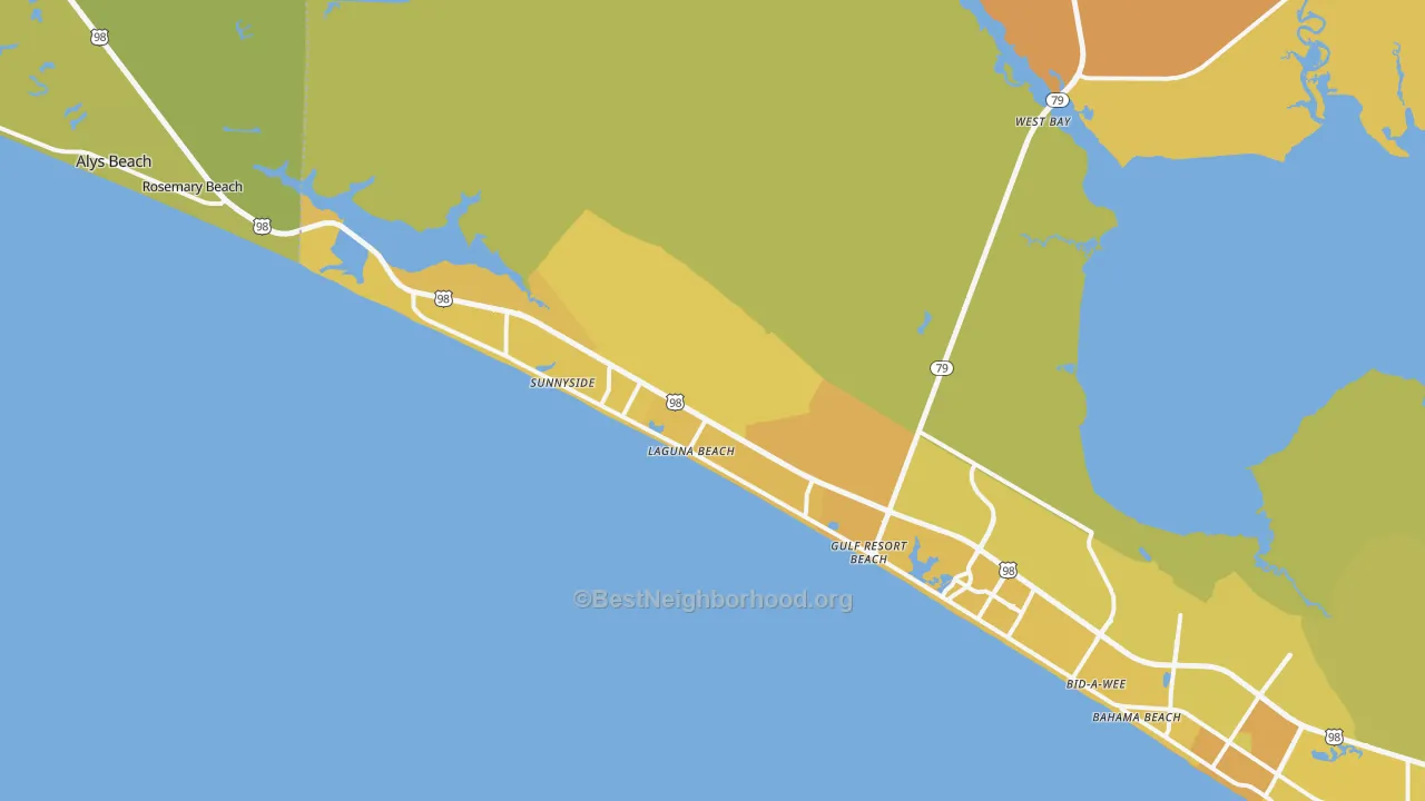 Map of the best neighborhoods in the 32413 area, with better matches in green and worse matches in red