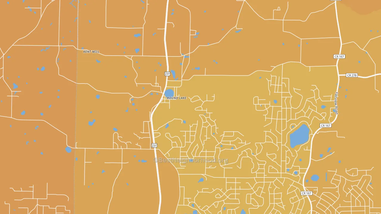 Map of the best neighborhoods in the 32420 area, with better matches in green and worse matches in red