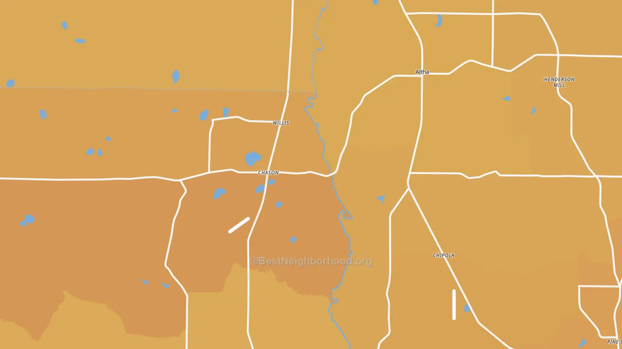 Map of the best neighborhoods in the 32421 area, with better matches in green and worse matches in red