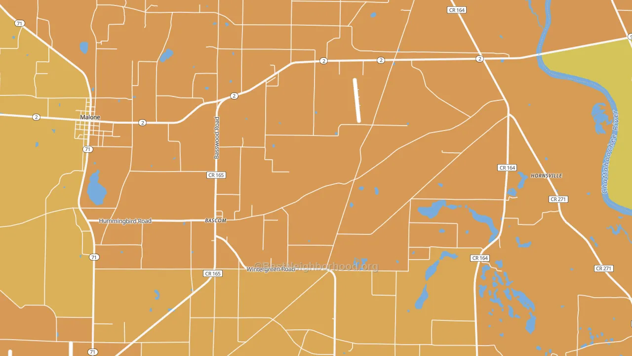 Map of the best neighborhoods in the 32423 area, with better matches in green and worse matches in red