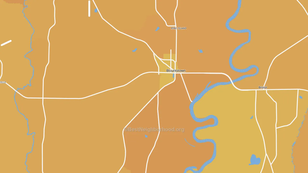 Map of the best neighborhoods in the 32424 area, with better matches in green and worse matches in red