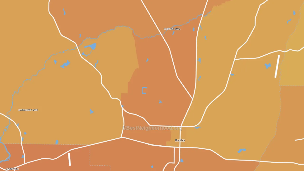 Map of the best neighborhoods in the 32425 area, with better matches in green and worse matches in red
