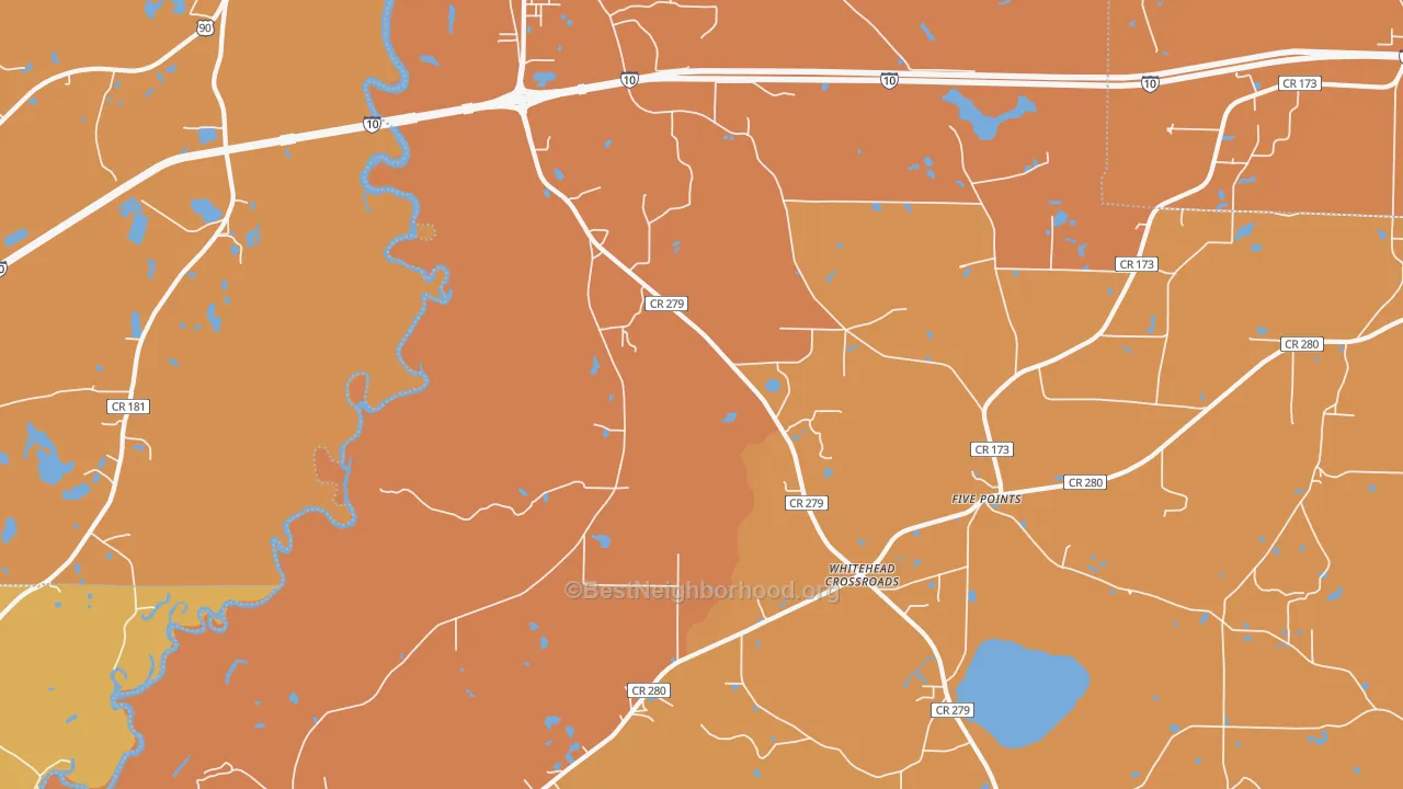 Map of the best neighborhoods in the 32427 area, with better matches in green and worse matches in red